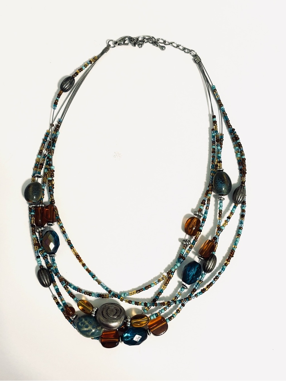 Bohemian Multi-Strand Necklace Turquoise Brown and Silver